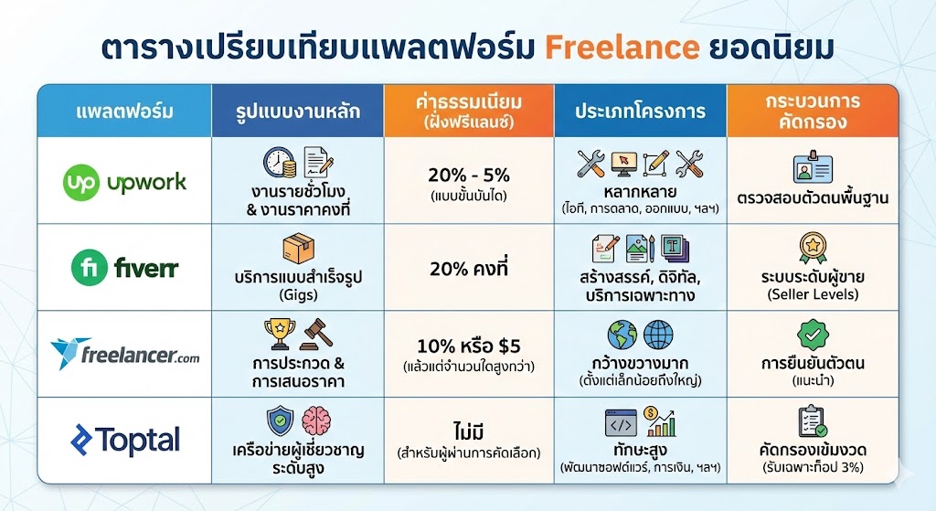 ตารางเปรียบเทียบแพลตฟอร์ม Freelance ยอดนิยม